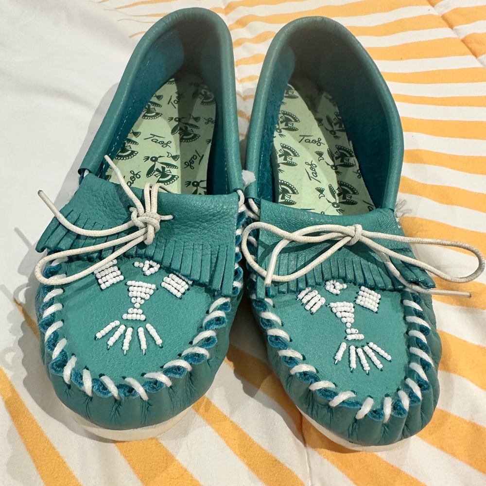 Taos Teal Moccasins with Beaded Design